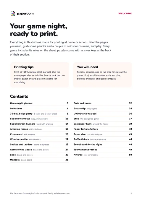 Welcome, printing tips and contents